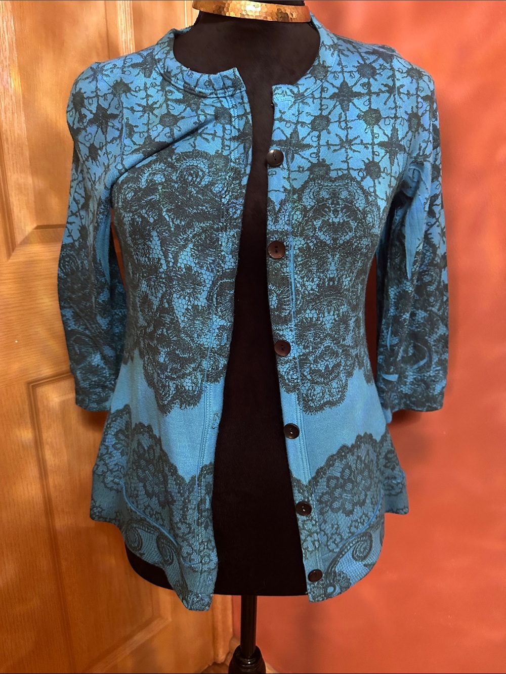 Blue Patterned Button-Front Women's Cardigan Sweater